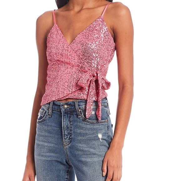 Lily Star Sparkly Pink Sequin Side Tie Wrap Top Party Festive Coquette Barbie - Picture 10 of 11